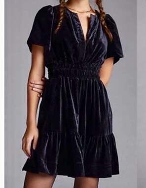 Anthropologie Maeve Velvet Dress M Black Smocked Waist Short Sleeve Whimsygoth H